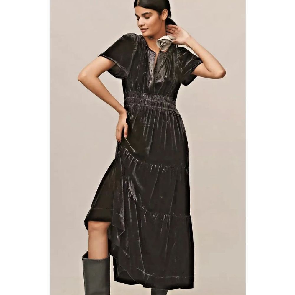 NWT Anthropologie Somerset Gray Tiered v neck velvet maxi dress XXS